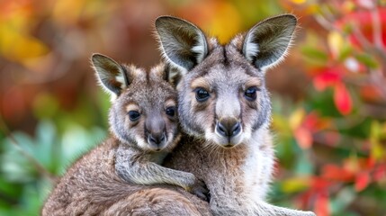 Fototapeta premium Two baby kangaroos cuddle in front of a tree, its red and yellow leaves forming a vivid foreground