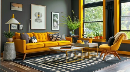 Slate gray walls with mustard yellow trim and mustard yellow accent furniture pieces.