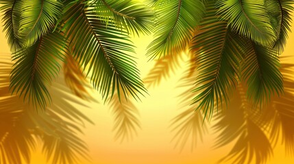 Fototapeta premium Phoenx Palm Tree Leaves Casting Long Shadows Against A Golden Backdrop, Capturing The Beauty Of The Setting Sun, Evoking Feelings Of Warmth And Serenity, Cartoon Background