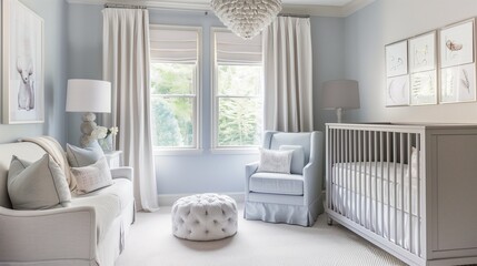 Soft gray accent wall in a pale blue nursery with pale blue furniture and soft gray accessories.
