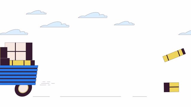 Boxes falling from driving truck line 2D object animation. Goods delivery failure flat color cartoon 4K video, alpha channel. Lorry losing packages during delivery animated item on white background