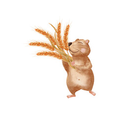 Watercolor hamster. Cheerful fat Hamster with a bouquet of ears of wheat. Isolated on white background. Illustration for nursery, stickers, greetings, postcards.