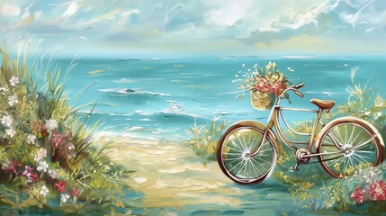 Fototapeta premium A canvas painting featuring a bicycle by the lake, its basket overflowing with fresh flowers, against a soft teal and aqua blue horizon. AI generated