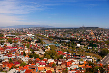Panoramic view of Tbilisi city from the Saint mount (Mtatsminda), old town and modern architecture....