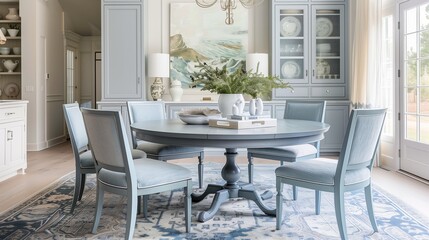 Soft gray dining chairs with pale blue cushions around a pale blue dining table.
