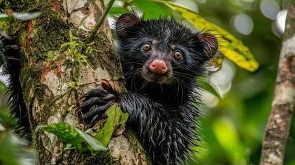   A tight shot of a tiny animal perched on a tree limb, surrounded by a dense foliage branch and a verdant plant in the backdrop