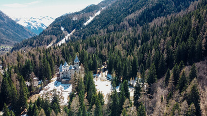 Aerial view of Savoy Castle situated in Gressoney-Saint-Jean, Italy. It was a summer residence of...