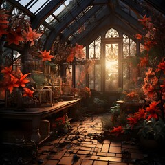 Beautiful autumn garden in a hothouse with a large window