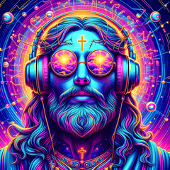 Digital art vibrant colorful psychedelic jesus with headphones vibin to music