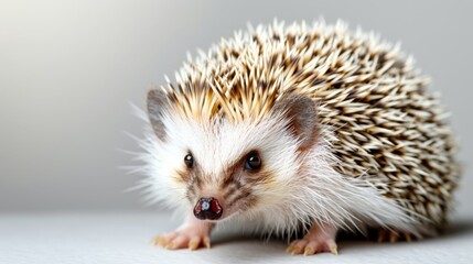Obraz premium A small hedgehog atop a white table, gazing at the camera next to a white wall