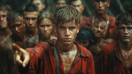 Naklejka premium Multigenerational group pointing; young man in focus; somber tone,generative ai