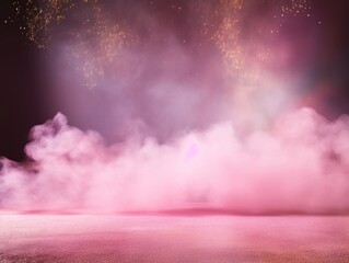 Pink smoke empty scene background with spotlights mist fog with gold glitter sparkle stage studio interior texture for display products blank copyspace