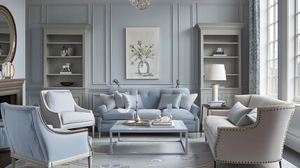 Soft gray walls with pale blue trim and pale blue accent furniture pieces.