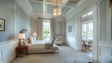 Soft gray walls with pale blue wainscoting and pale blue ceiling with soft gray crown molding.