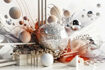 detailed abstract 3D composition with various objects of  different sizes, textures and shapes