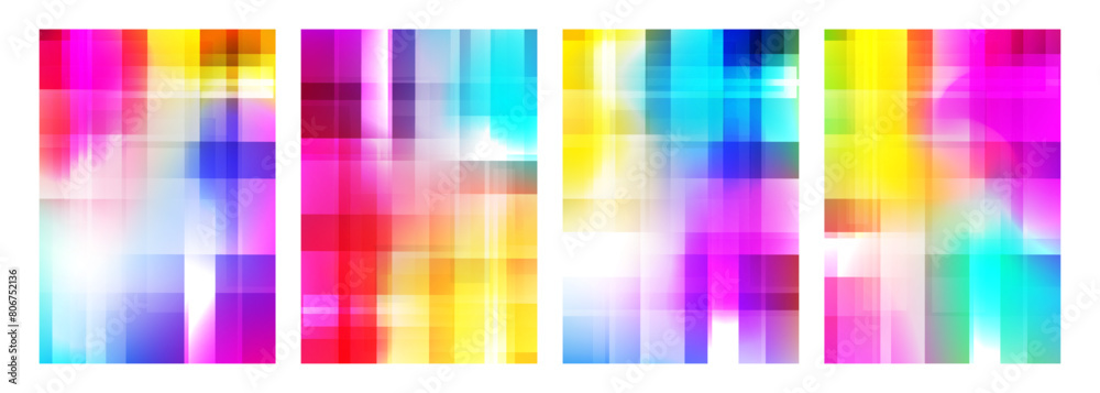 Poster Defocused bright colored abstract backgrounds with vertical and horizontal dynamic lines. Futuristic blurred vibrant color gradients for creative graphic design. Vector illustration.