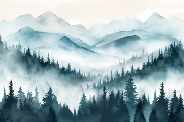 Obraz premium Soft watercolor washes to depict gentle mountain slopes and abstract forest elements, with subtle color shifts creating a soothing. AI generated