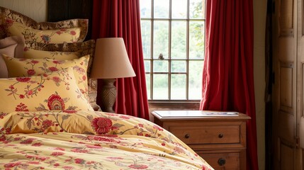 Yellow bedding with red floral patterns and red curtains in a bedroom.