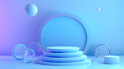 3D white circle podium background in blue-purple tones with cute balloons. Minimalism pastel colored still life style.