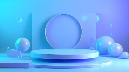 3D white circle podium background in blue-purple tones with cute balloons. Minimalism pastel colored still life style.