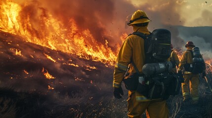 A team of firefighters coordinating efforts to contain a raging wildfire, showcasing teamwork under intense pressure.