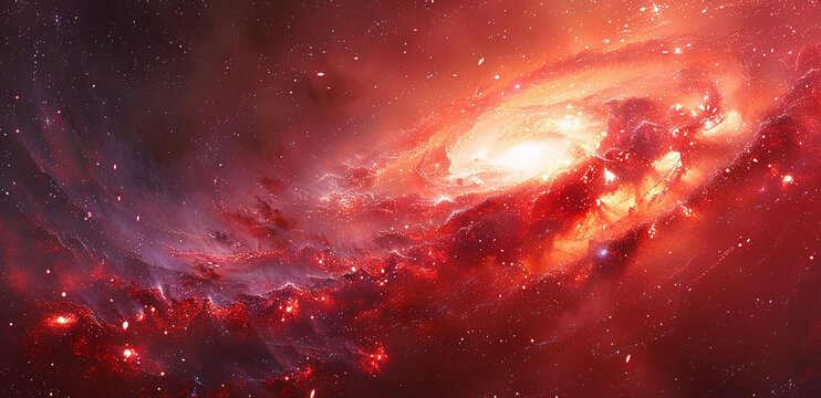 A vibrant digital artwork of a swirling galaxy with intense red and orange hues, dotted with bright stars and nebulous formations.