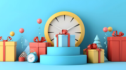 Creative end-of-season pastel sale background. 3D vintage clock standing on podium with gift boxes...