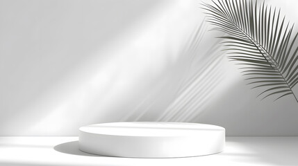 White round product display stand with natural leaves, window shadow and sunlight on white background. Stage showcase for products, sales, presentations. Vector 3D illustration.