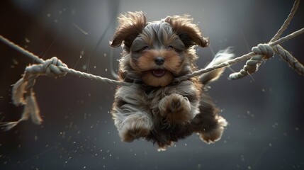   A dog dangles from a rope, its mouth agape; paws detached