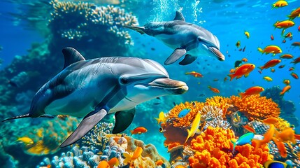 Dolphins swimming in the ocean with corals.