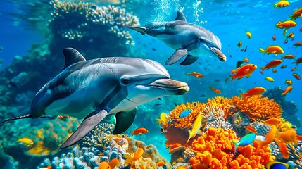 Fototapeta premium Dolphins swimming in the ocean with corals.