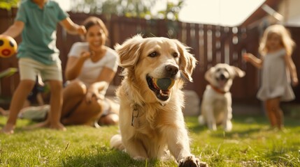 Close-up of a laughing child throwing a ball for their dog to catch while the whole family watches with delight in the backyard.