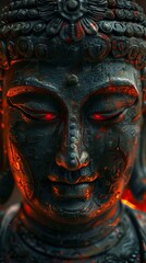 A close up of a buddha statue with red eyes.