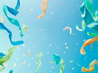 Fototapeta premium Confetti in the air. Confetti and ribbons in the sky.