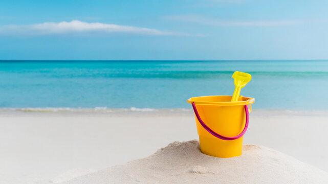plastic beach bucket against the beach with waves