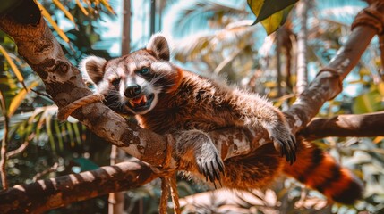 Fototapeta premium A raccoon sits on a tree branch, tongue out and mouth agape