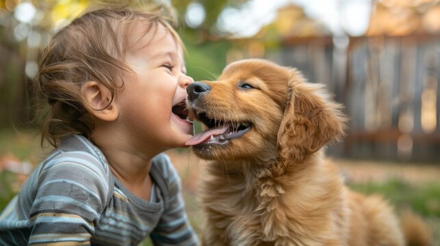 An adorable puppy licking the face of a giggling toddler while the family enjoys quality time together in the backyard.