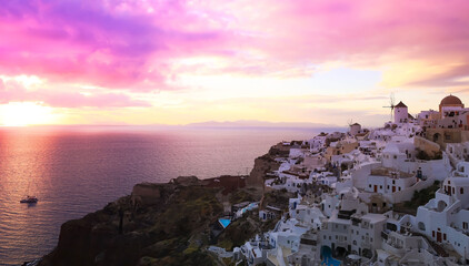 The famous of landscape view point as Sunset sky scene at Oia town on Santorini island, Greece