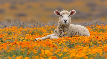   A sheep lies in an orange and yellow flower-filled field; behind, grass and wildflowers softly blur