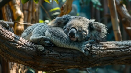 Fototapeta premium A koala naps on a tree branch, its head resting behind it, eyes shut