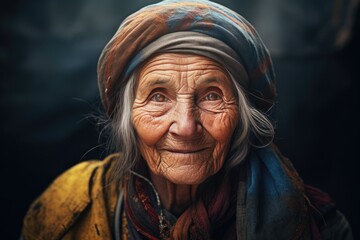 Closeup portrait of old woman happy looking in camera