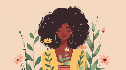 Cute afro woman and flowerpot Vector illustration. Vector