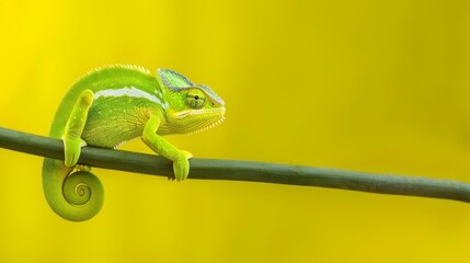   A chameleon, green and white in hue, perches atop a spiral-ended branch