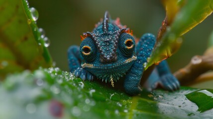 Obraz premium A tight shot of a tiny blue frog perched on a leaf, adorned with water droplets on its back legs