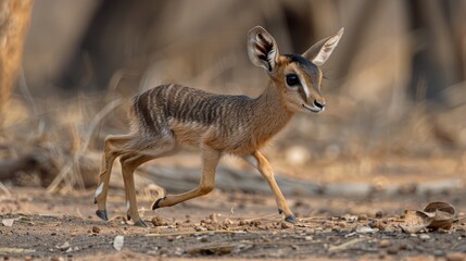   A small antelope dashes through a field of dry grass and fallen leaves In the backdrop, trees are faintly visible with a blurred outline