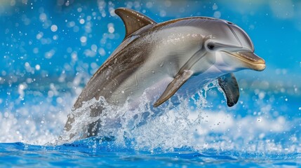   A dolphin leaps out of the water, mouth agape, head clear of the surface