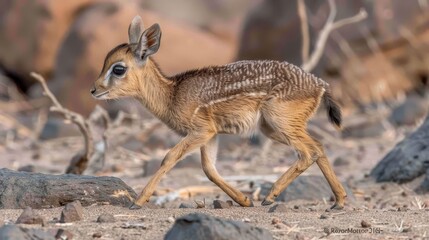 Fototapeta premium A tiny deer walks across a dirt field dotted with rocks Nearby, a fallen tree and a rock wall create a scenic backdrop