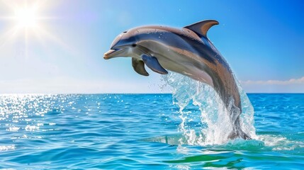   A dolphin leaps from turquoise waters against a radiant blue sky, sun glinting behind