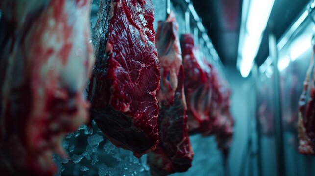 Close-up of frozen meat hanging on hooks in a refrigerated storage room, illustrating the process of aging and preserving meat quality.