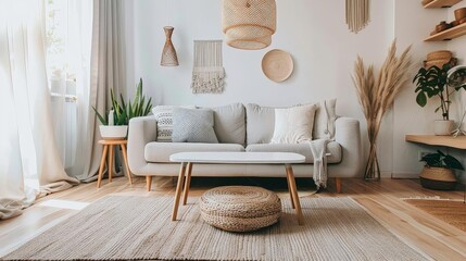 scandinavian - inspired minimalist living room with hygge accents featuring a white couch adorned with gray and white pillows, a brown rug, and a variety of potted plants in